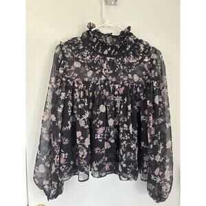 French Connections Crinkle High Neck Floral Balloon Sleeves Sheer Blouse Size XS